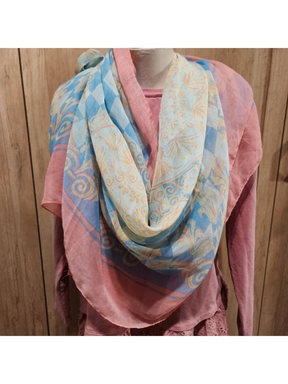 Sheer Lightweight Scarf Blue Pink Checkerboard Floral Print‎